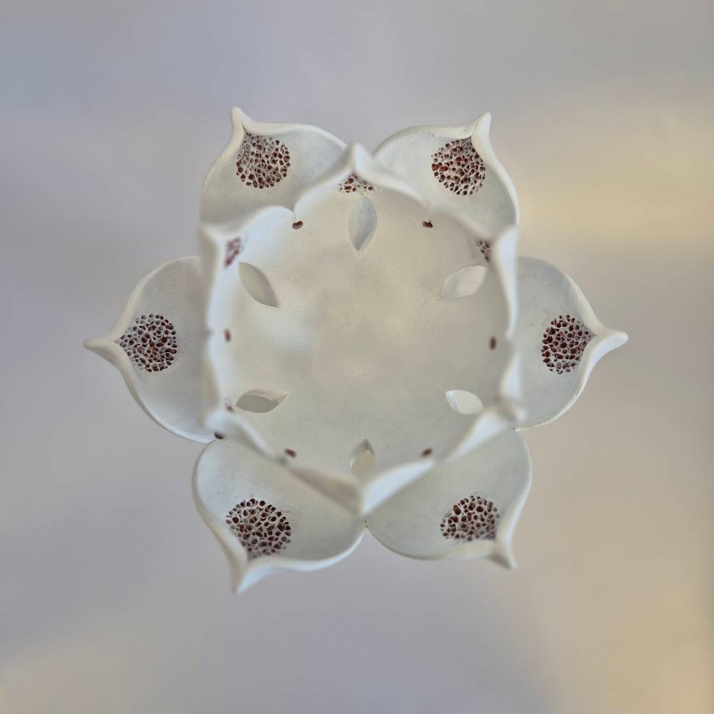 Seimos-zidinys-zvakide_Keramikinis-lotoso-ziedas-ant-kojeles_10_salonassandrijlt_ Close-up of a white lotus flower viewed from above, petals curling outward against a soft, pale background.