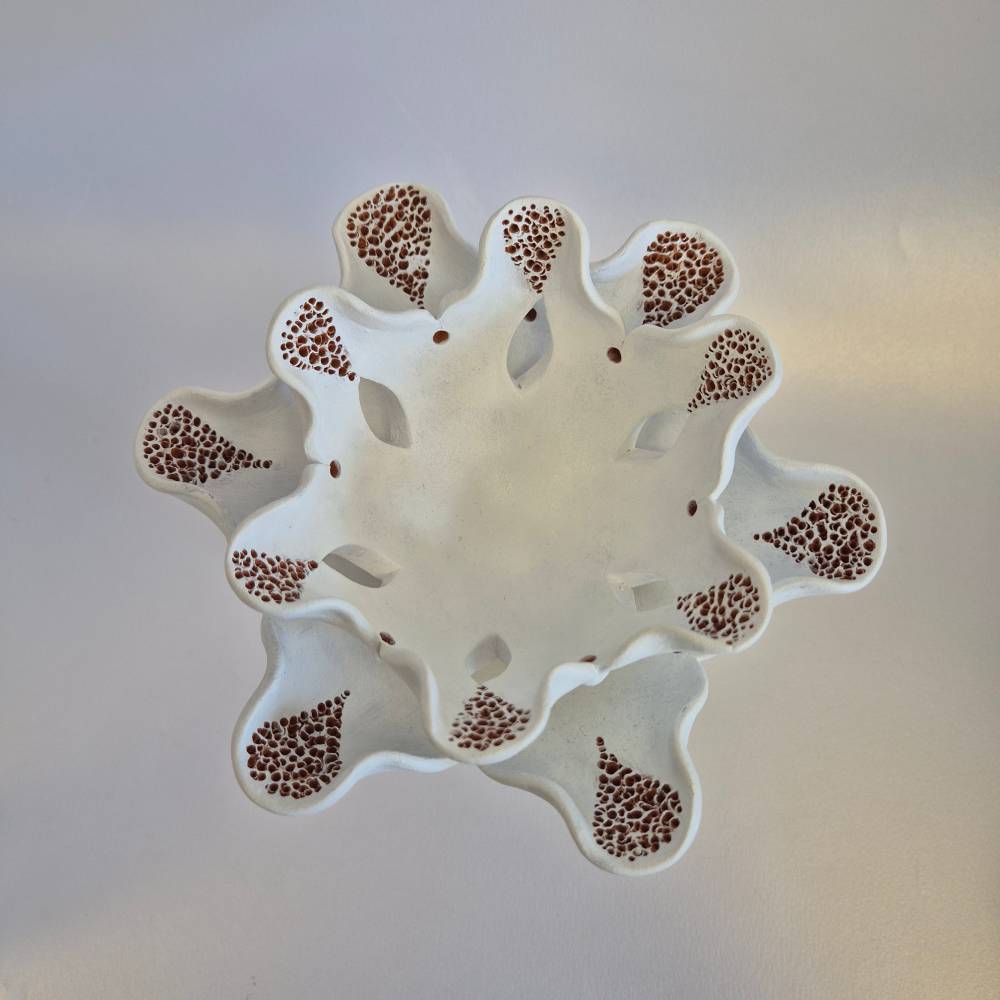 Seimos-zidinys-zvakide_Keramikinis-lotoso-ziedas-ant-kojeles_9_salonassandrijlt_ Top view of a white, porous bone model with red trabecular interior.